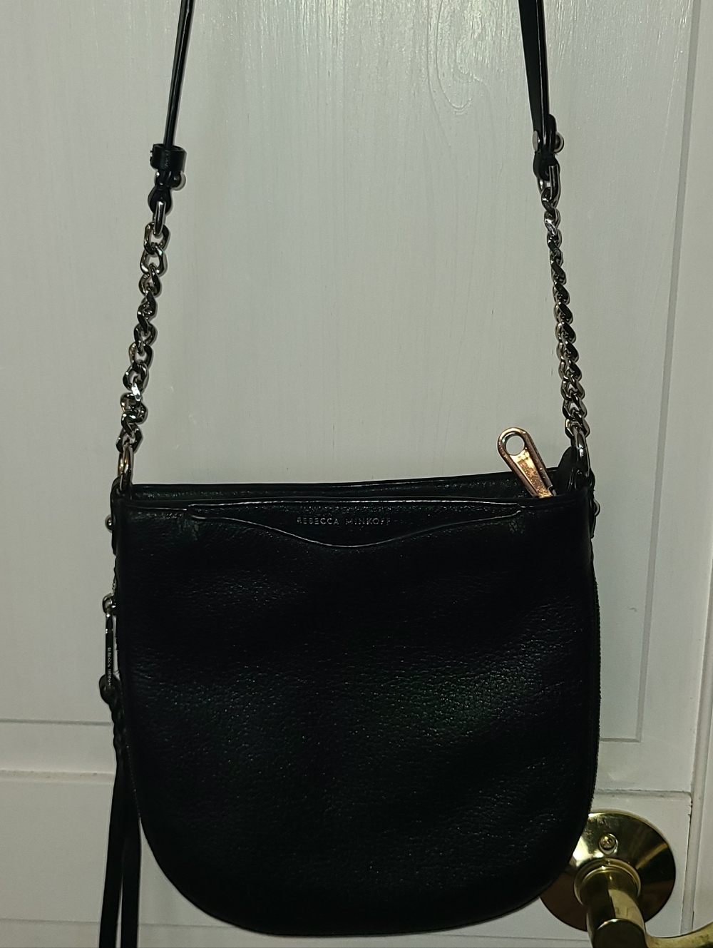 Rebecca Minkoff Black Leather Crossbody Saddle Bag with Chain Detail - Picture 6 of 15